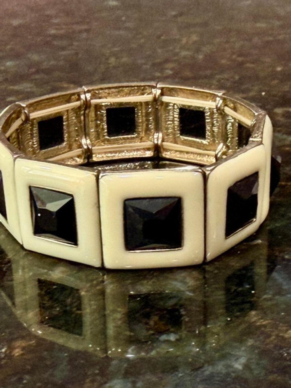 Gold Black Cream Square Stretch Bracelet